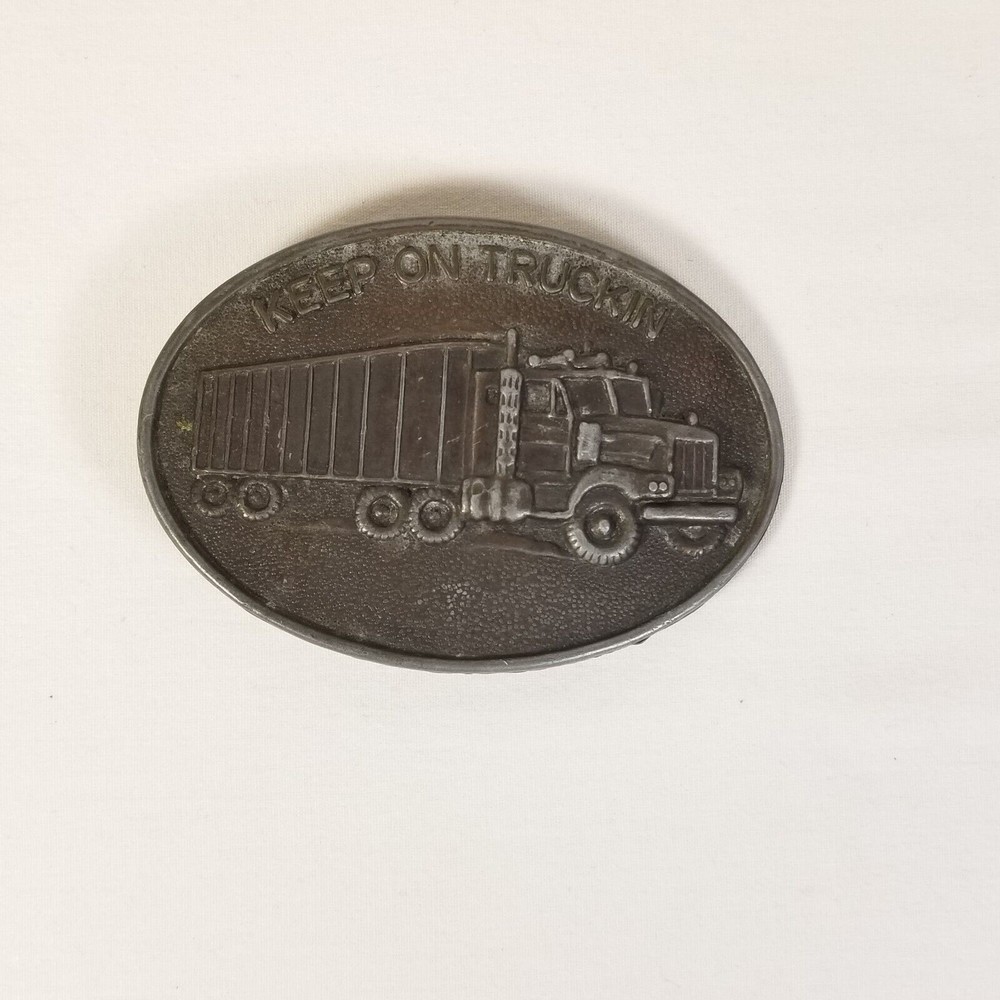 Vintage Metal Keep on Truckin Belt Buckle Oval Truck Driving Made in Hong Kong